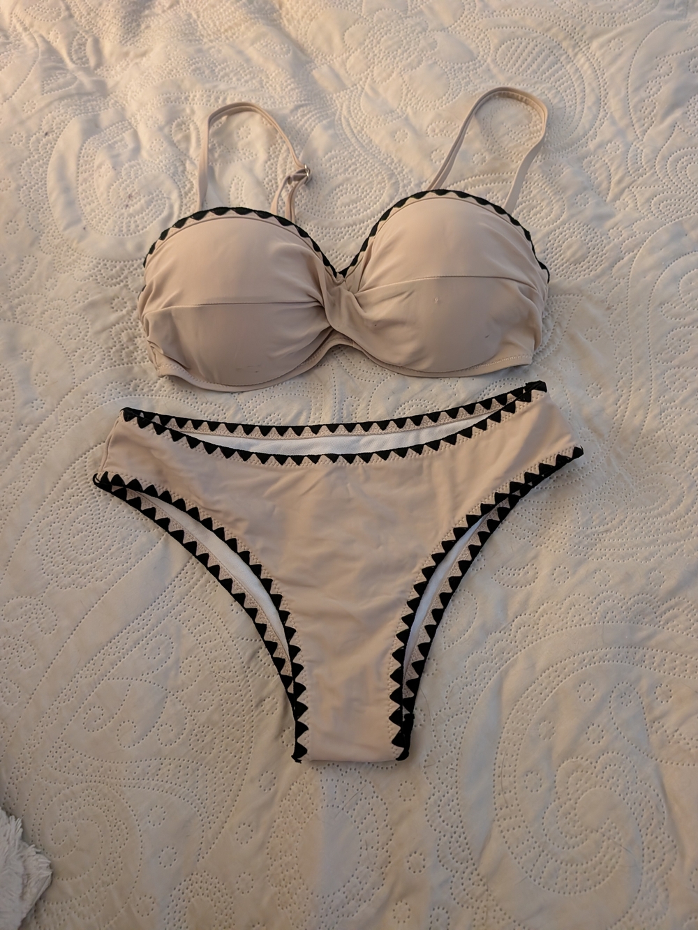 Classic High-Waist Bikini Set in Beige with Black Trim